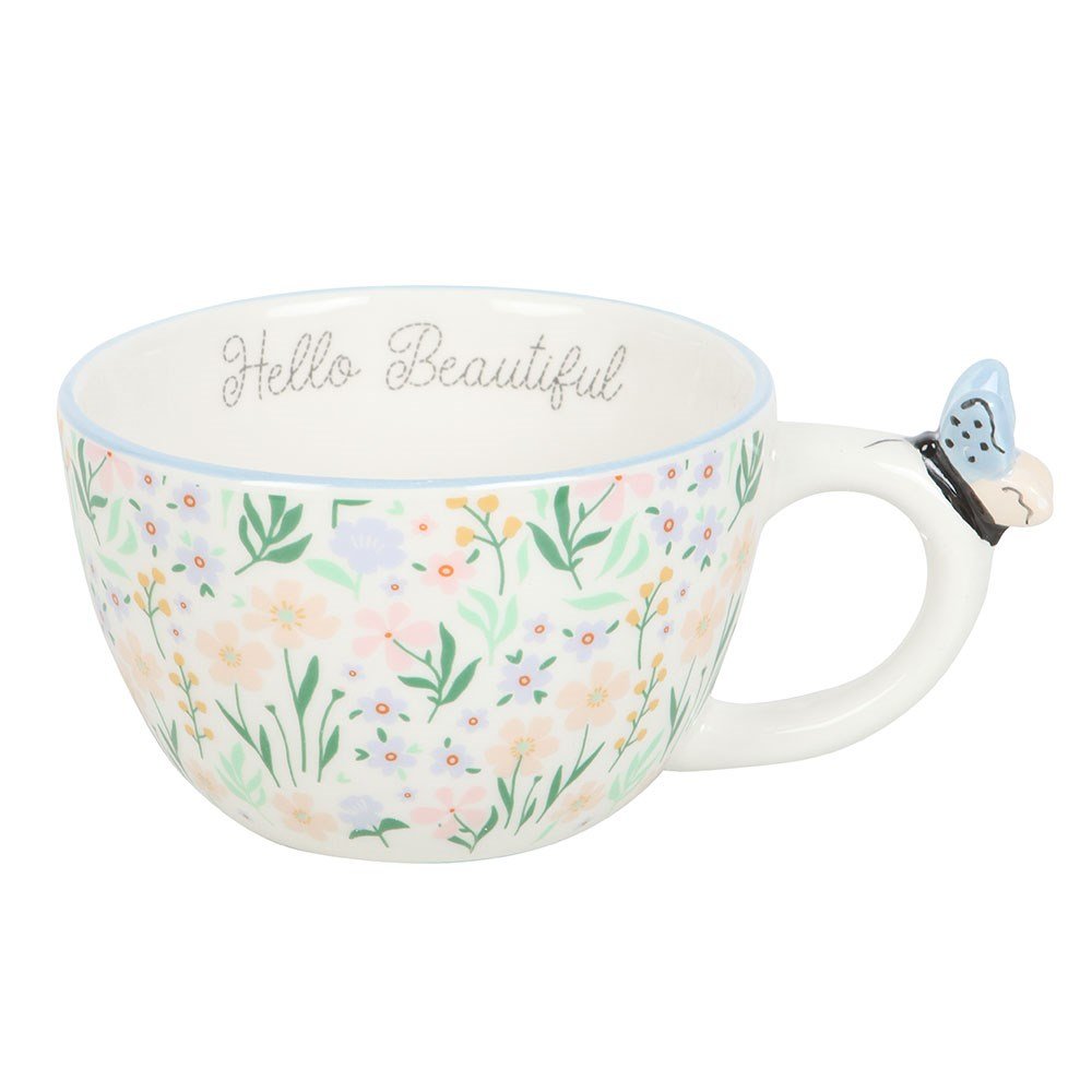 Hello Beautiful Ditsy Floral Print Ceramic Mug With Butterfly