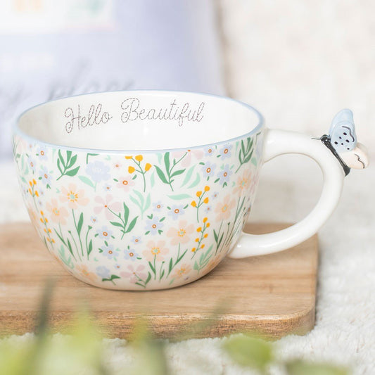 Hello Beautiful Ditsy Floral Print Ceramic Mug With Butterfly