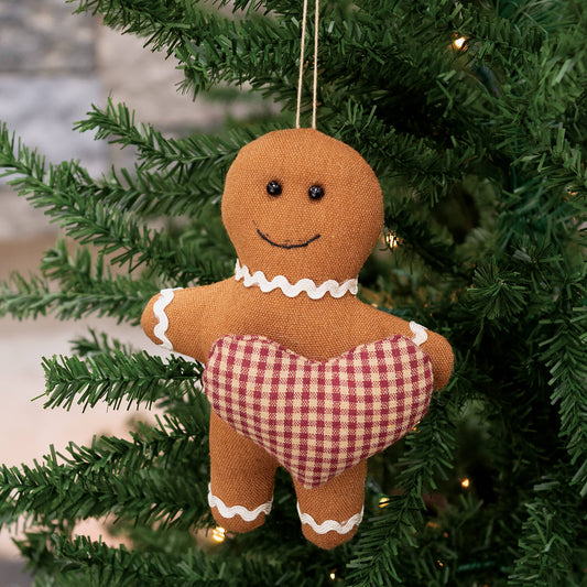 Stuffed Gingerbread w/Country Gingham Heart Ornament - Early December Drop