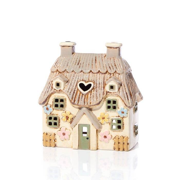 Village Pottery Tealight Large Thatched Cottage with Embossed Flowers and Green Door - Arriving in Store late May