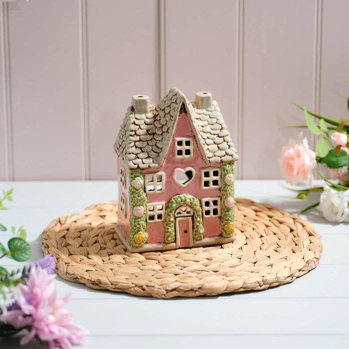 Stoneware Cottage House Candle Holder With Rose Garland - Arriving in Store Mid-April