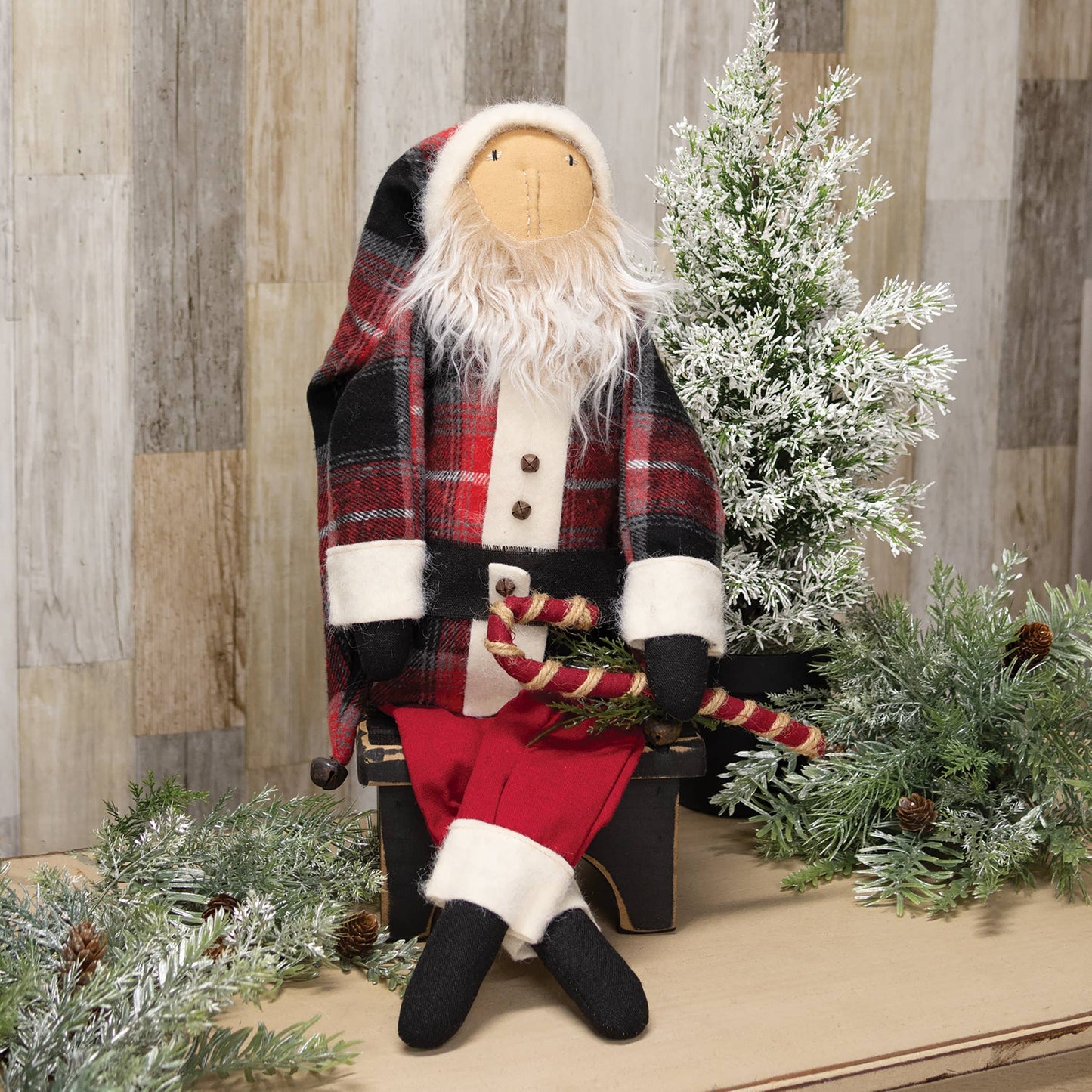 Plaid Coat Santa Doll w/Jingle Bell Candy Cane - Early December Drop