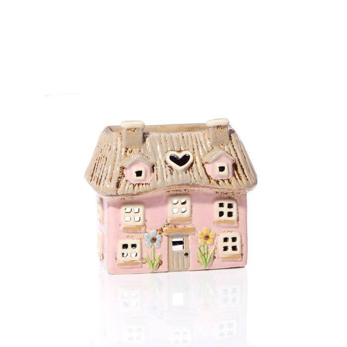Village Pottery Wax Melt Burner Pink Thatched Cottage with Embossed Flowers - Arriving in Store Mid-May