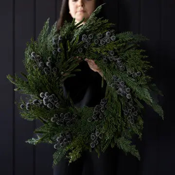 Heritage Frosted Navy Berry Norfolk Cypress Wreath 24" - LED Pre Lit - Arriving in Store October