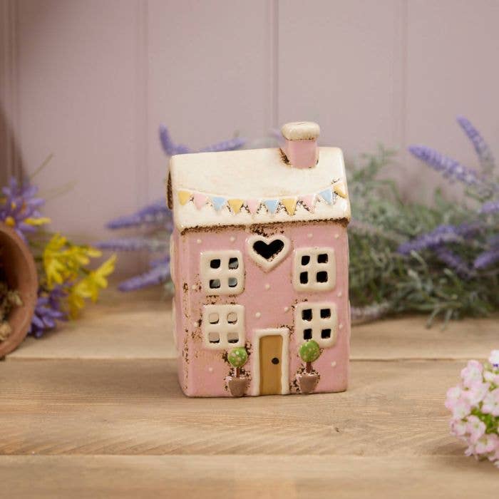 Stoneware Pink House with Embossed Bunting Tea Light Holder - Mid March Drop
