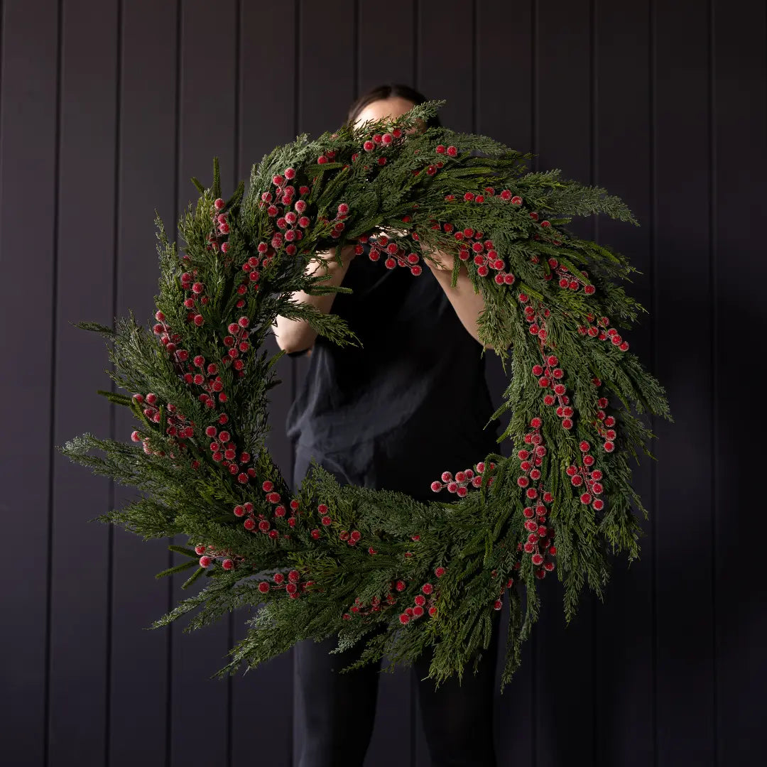 Heritage Frosted Red Berry Norfolk Cypress Wreath 34" - LED Pre Lit - Arriving in Store October