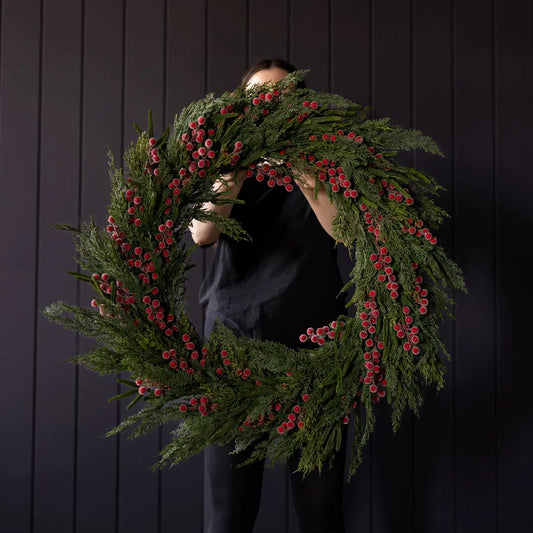 Heritage Frosted Red Berry Norfolk Cypress Wreath 34" - LED Pre Lit - Arriving in Store October