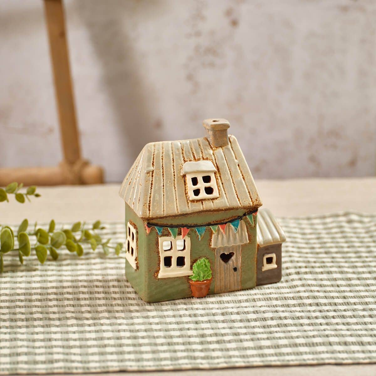 Stoneware Sage Green House Embossed Candle Holder - Arriving in Store Mid-April