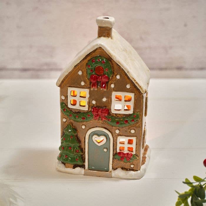 Holly Cottage Stoneware House With Wreath And Bows Candle Holder - Arriving in Store September