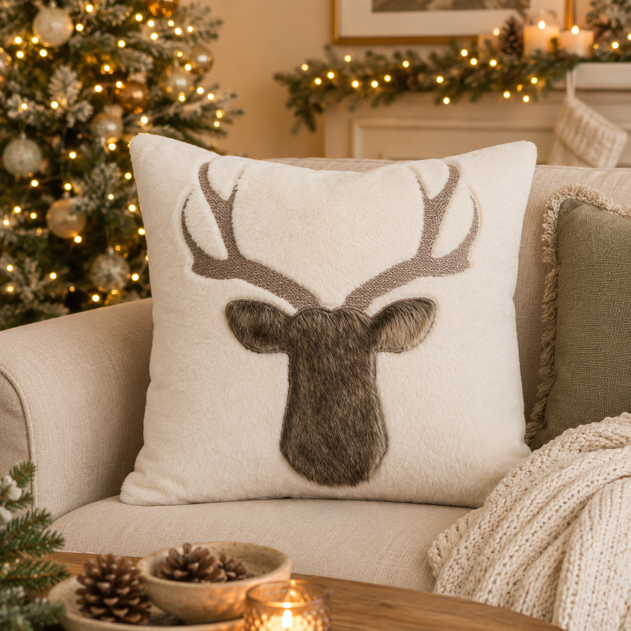 Rustic Deer Faux Fur Throw Pillow - 18"x18" - Arriving in Store September