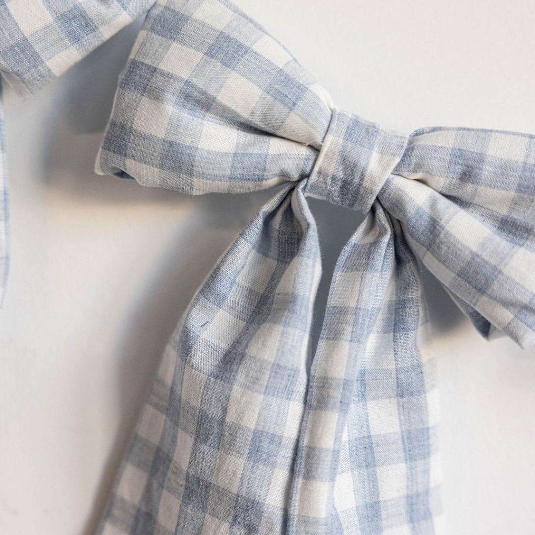 Baby Blue Gingham Fabric Bow arland - Arriving in Store Mid - Late March