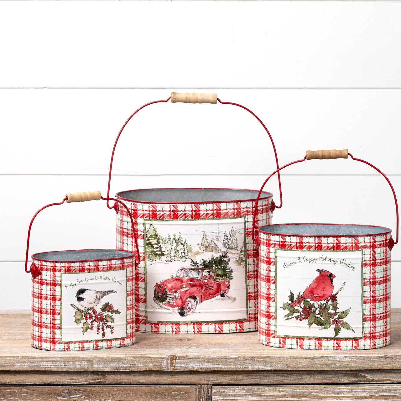 SET/ 3 RED CHECK HOLIDAY BUCKETS