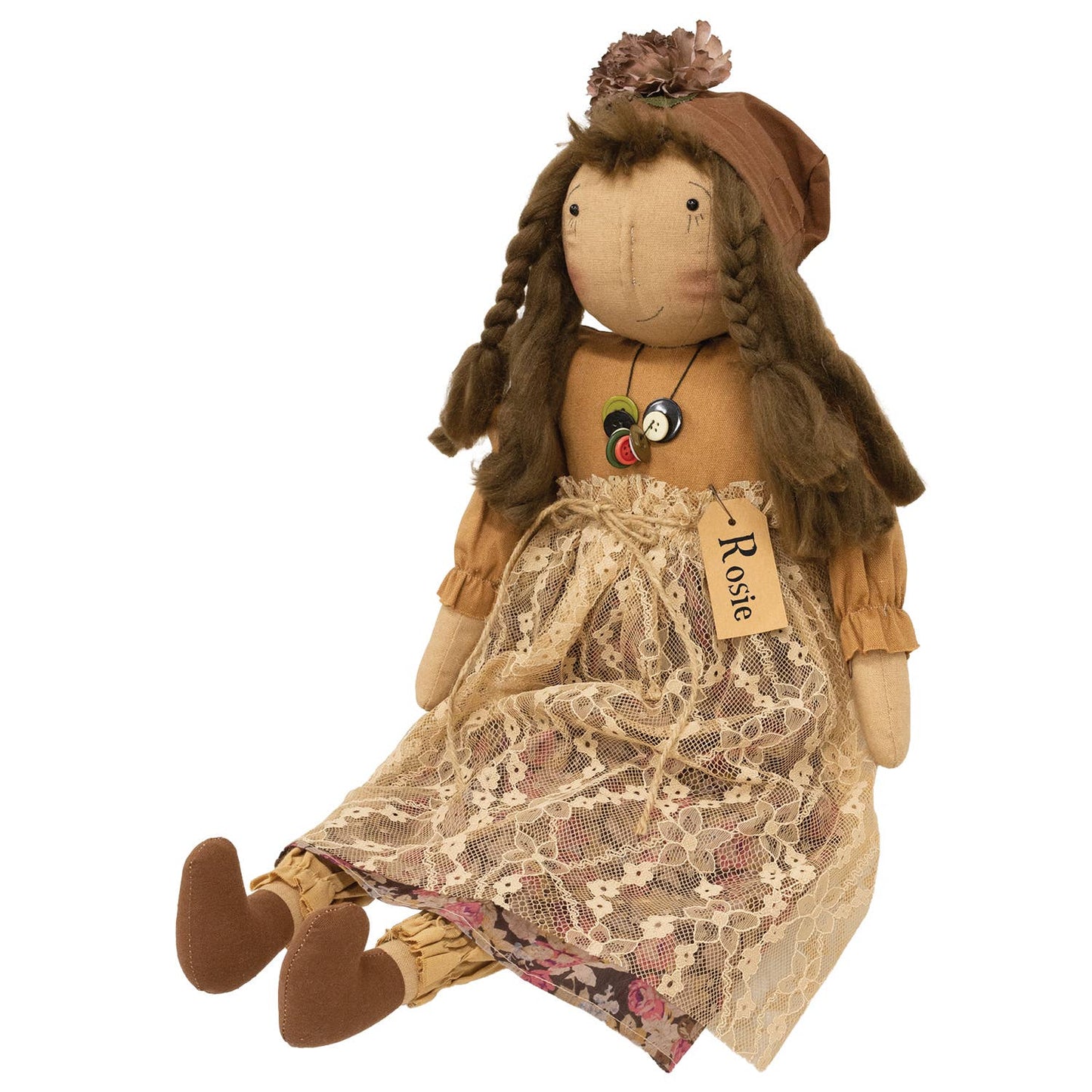 Vintage Rosie Blooms Doll w/Button Necklace - Late February Drop