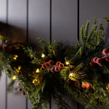 Heritage Frosted Red Berry Norfolk Cypress Garland 6ft - LED Pre Lit - Arriving in Store October