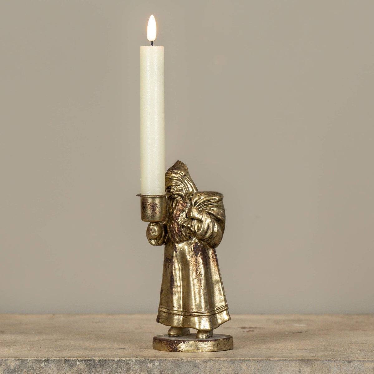 Gold Travelling Santa Taper Candle Holder 7"