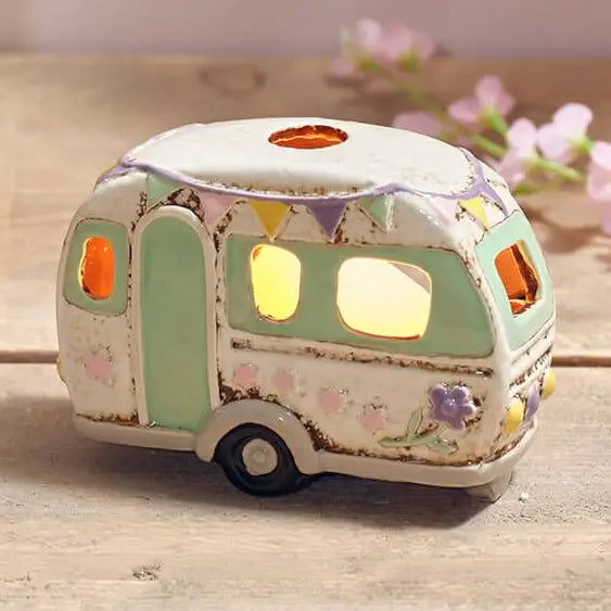 Camping Stoneware Green Caravan with Embossed Details Candle Holder - Arriving in Store June