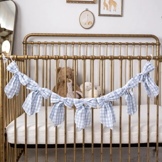 Baby Blue Gingham Fabric Bow arland - Arriving in Store Mid - Late March