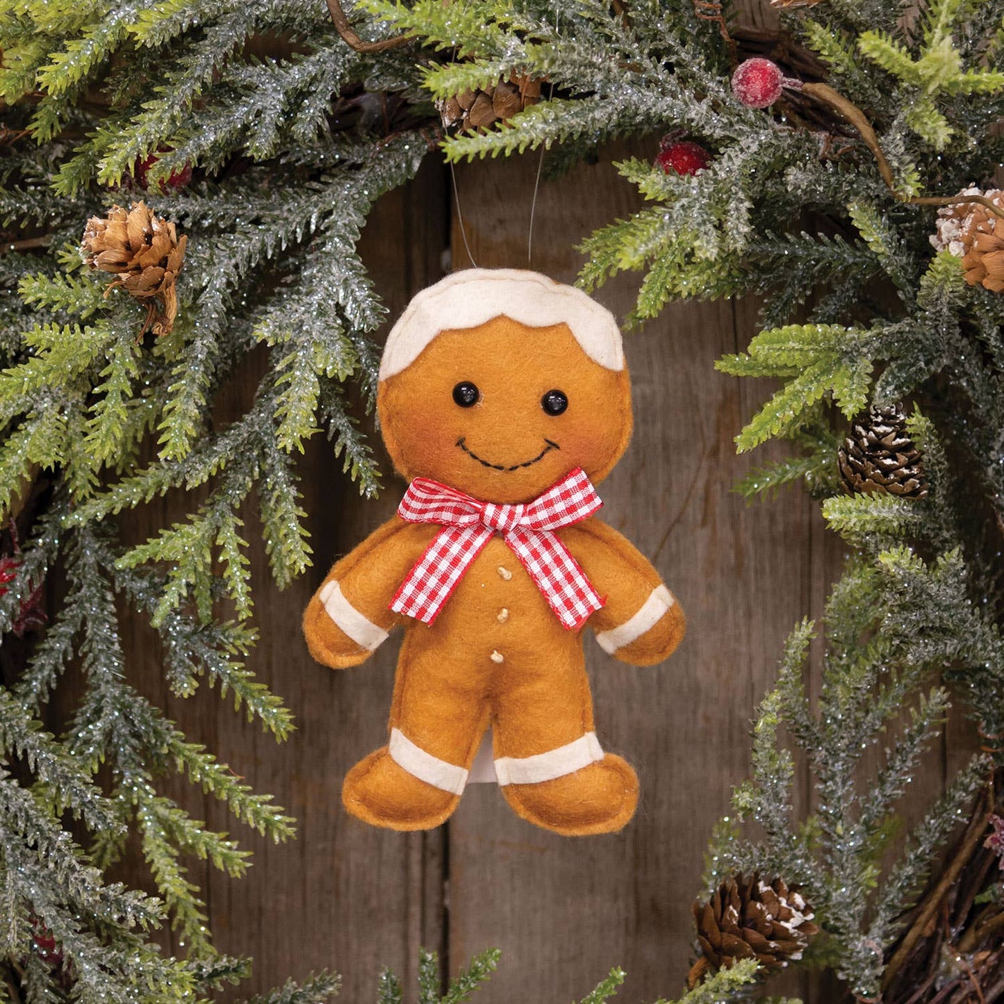 Stuffed Felt Gingham Bow Tie Gingerbread Boy Ornament - Early December Drop
