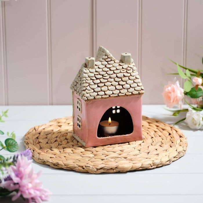 Stoneware Cottage House Candle Holder With Rose Garland - Arriving in Store Mid-April