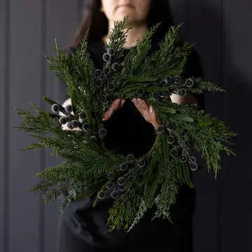 Heritage Frosted Navy Berry Norfolk Cypress Wreath 14" - Arriving in Store October