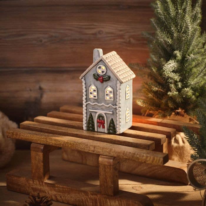 Nordic Nest Blue House With Grey Roof Embossed Tealight Holder Medium