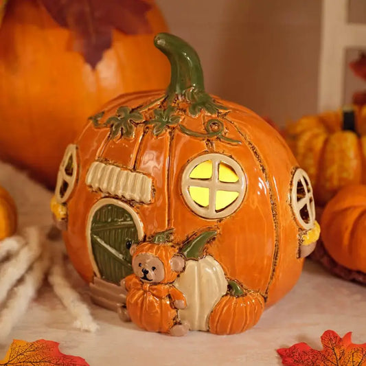 Harvest Home Stoneware Shaped Pumpkin House Hand Painted Tea Light Holder - Arriving in Store June
