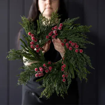 Heritage Frosted Red Berry Norfolk Cypress Wreath 14" - Arriving in Store October