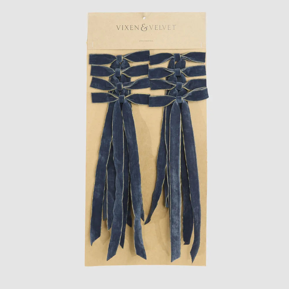 Velvet Tie‑On Bow – Navy Blue with Gold Border (Set of 8) - Arriving in Store October