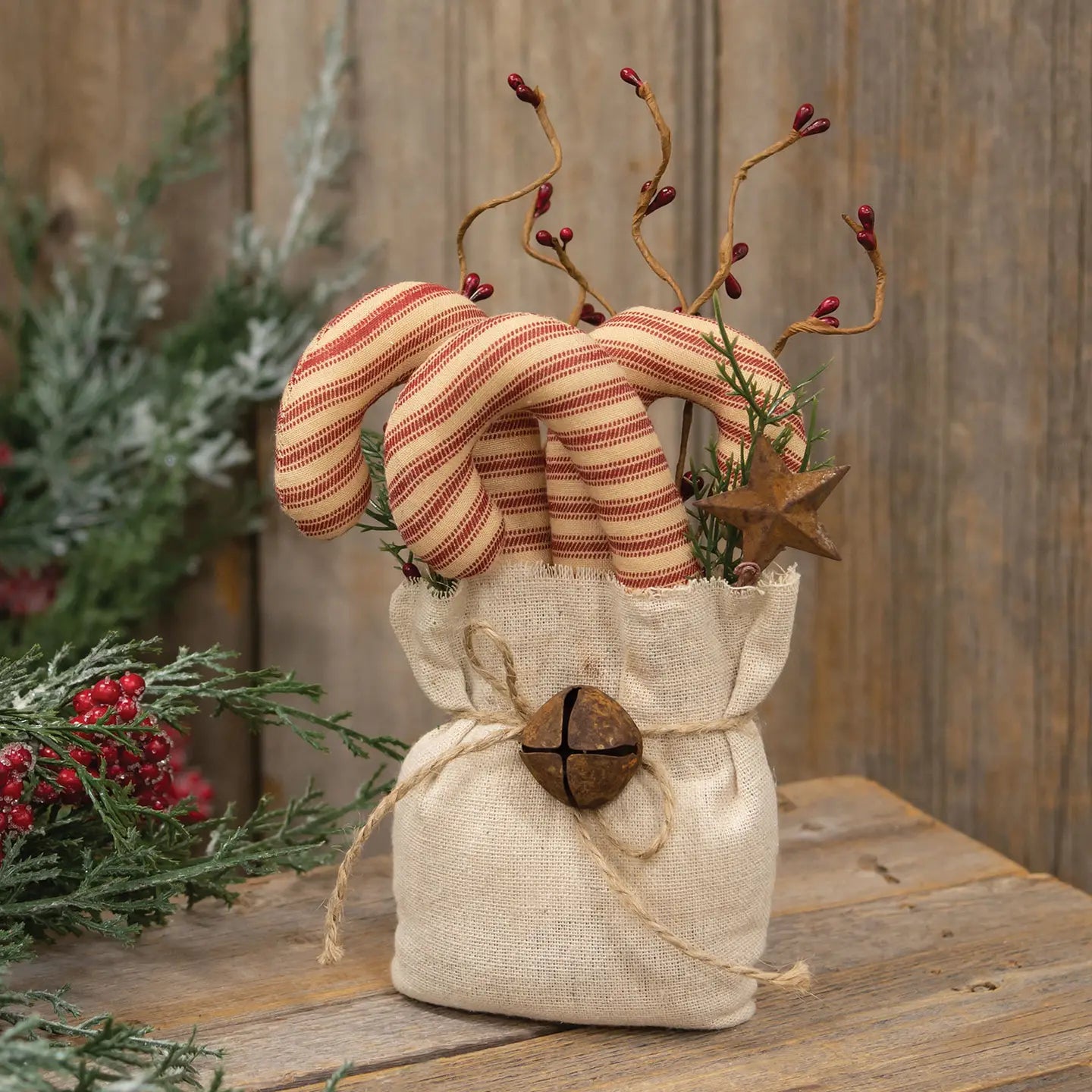 Stuffed Ticking Stripe Candy Canes & Greenery Goody Bag- September Drop