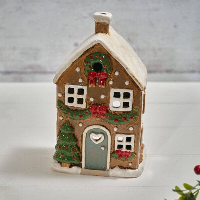 Holly Cottage Stoneware House With Wreath And Bows Candle Holder - Arriving in Store September