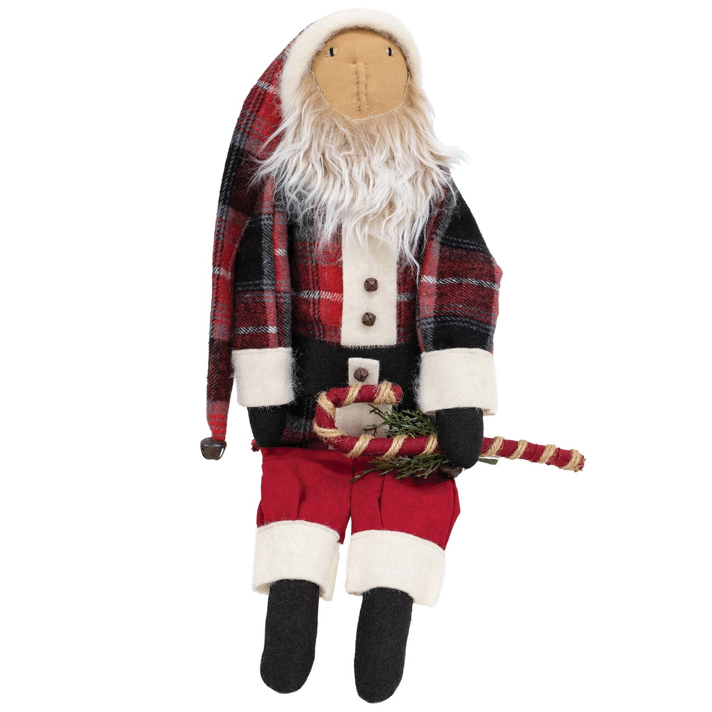 Plaid Coat Santa Doll w/Jingle Bell Candy Cane - Early December Drop