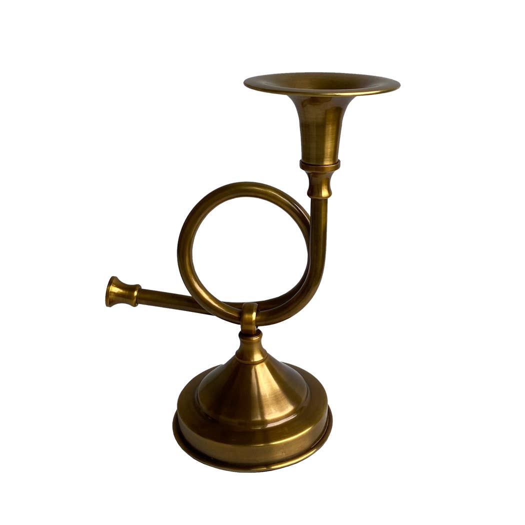 Brass French Horn Fox Hunt Candle Stick Holder, 8-1/4"